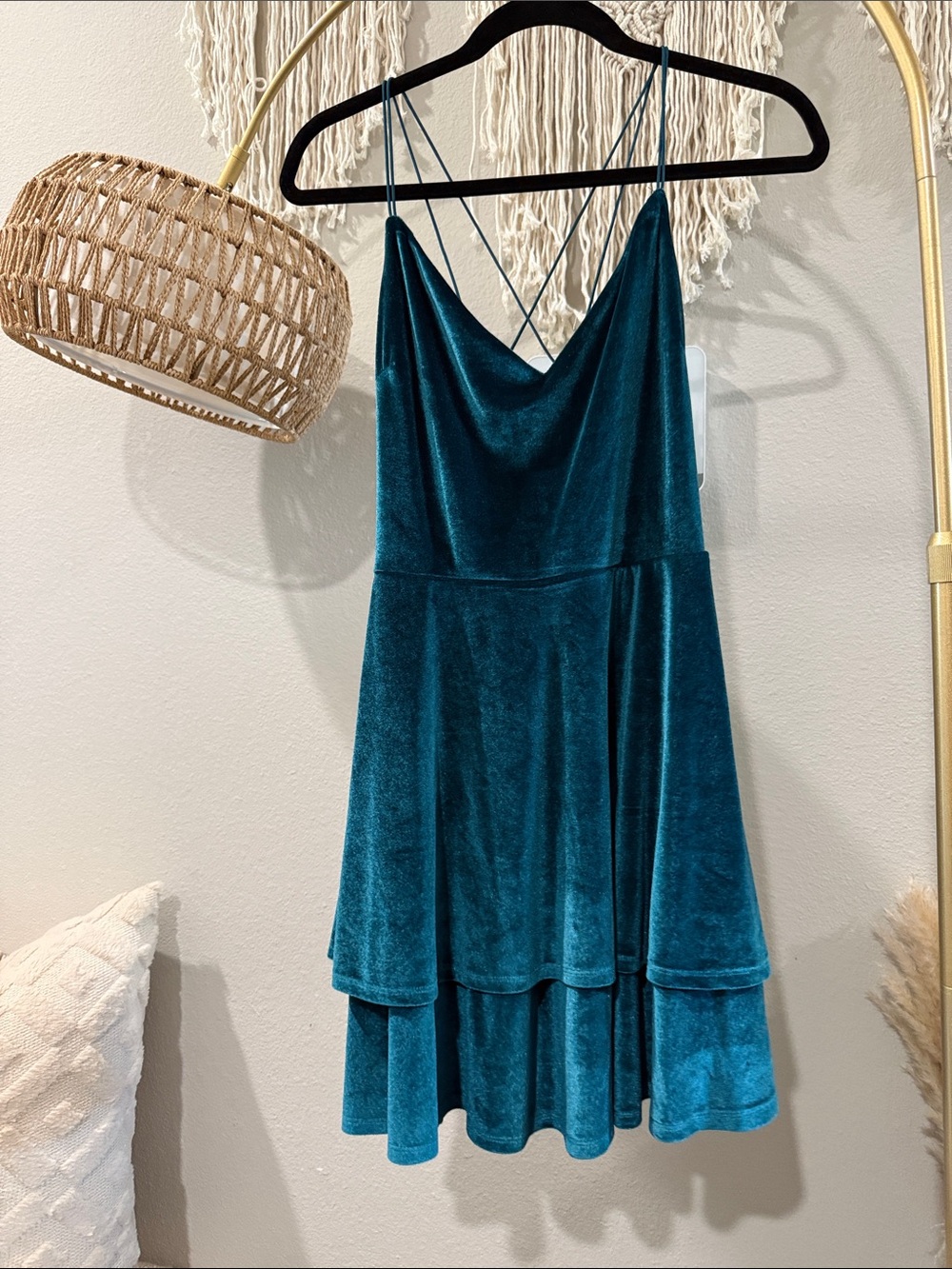 Altar'd State Teal Velvet Tiered Slip Dress